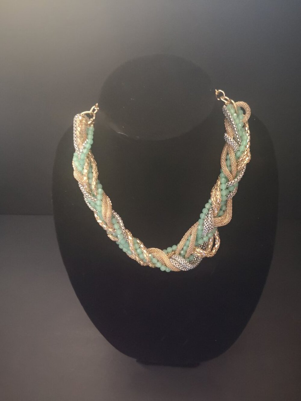 6 Multi Strand Twisted Statement Necklace with Gold Silver & Green Combination
